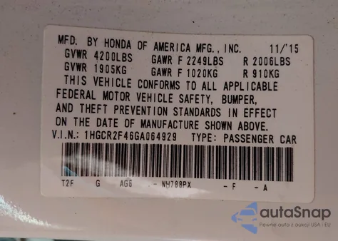 2016 Honda Accord Lx z USA, uszkodzony, nr VIN 1HGCR2F46GA064929